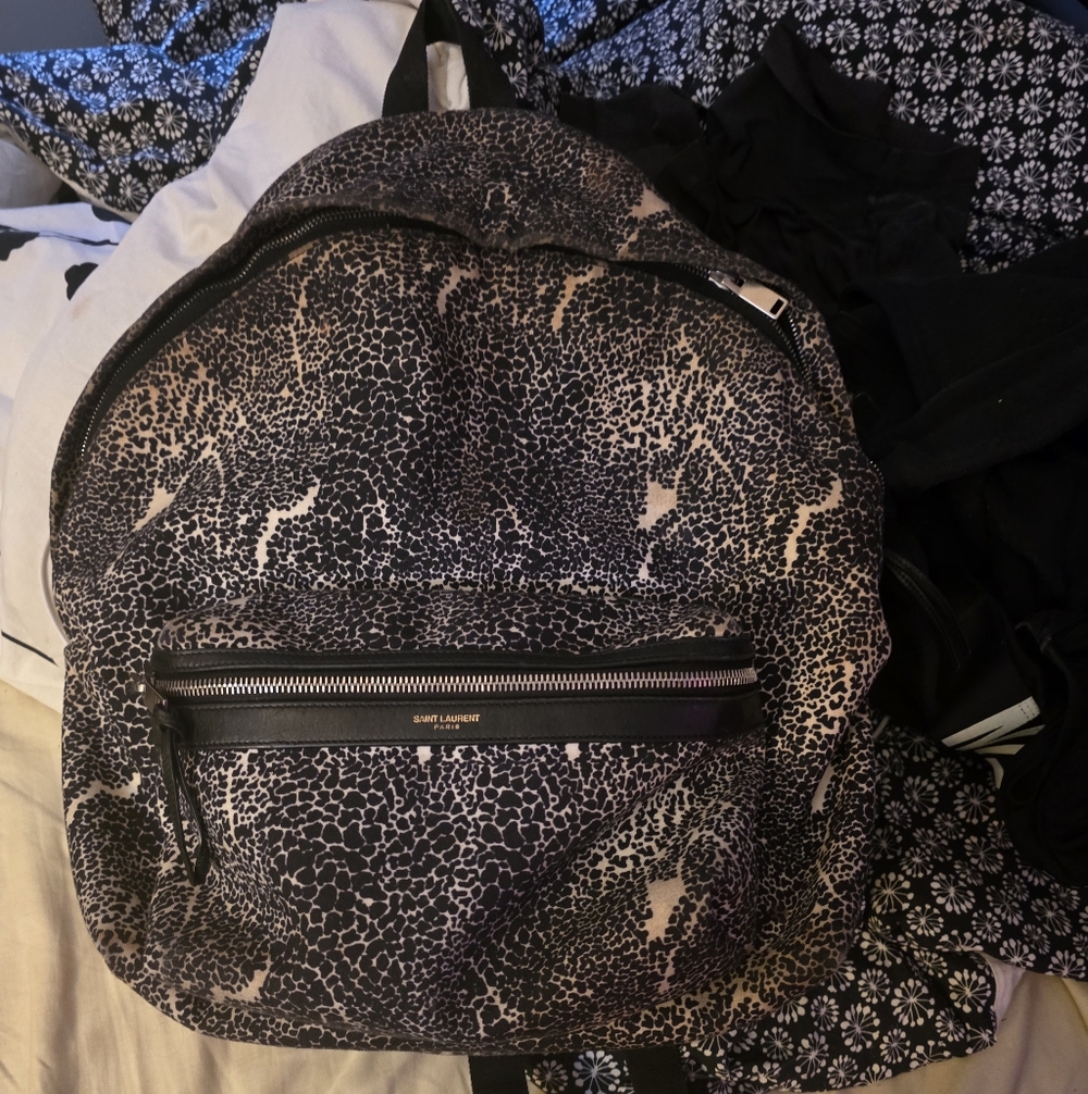 Saint Laurent Black and White Leopard Like Print Hunting Backpack